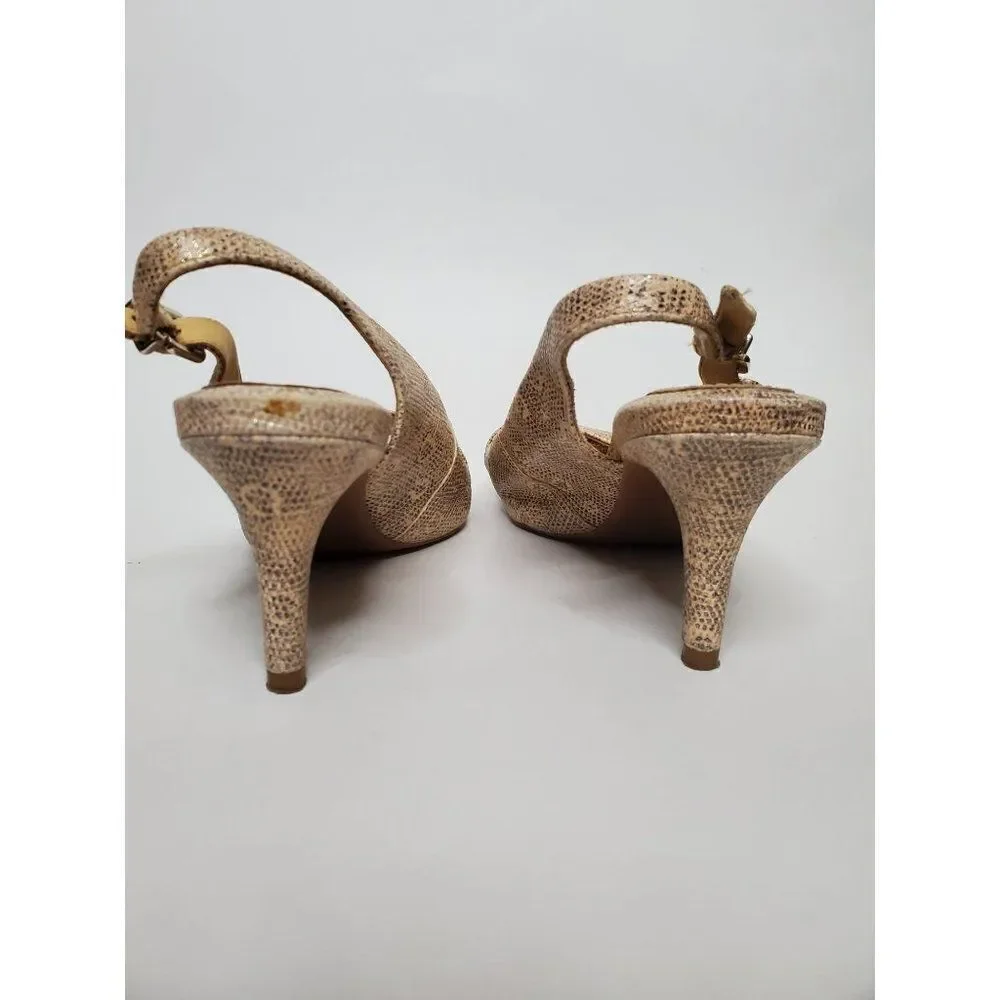 Nurture Leather Peep Toe Neutral Sparkle Snakeprint Slingback Heels
